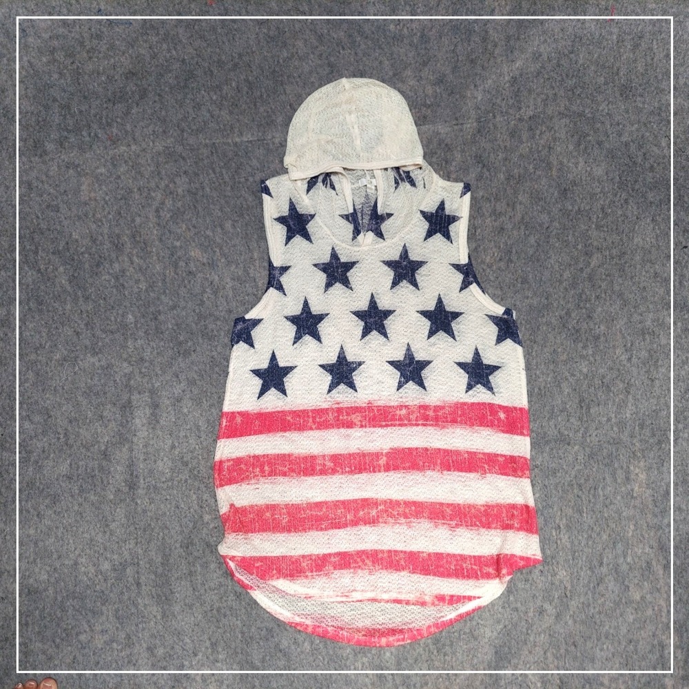 Charming Charlie Sleeveless Hoodie Women L American Flag Stars Stripes Crochet